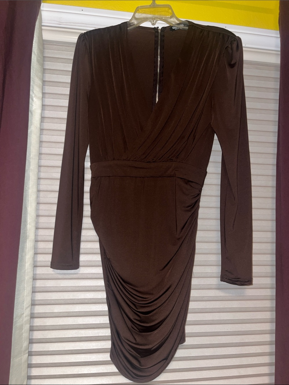 Women's Brown Long-Sleeve Draped mini Dress
